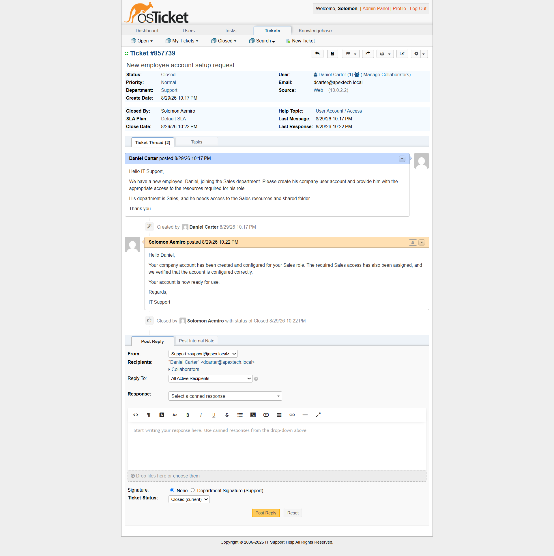 New user onboarding ticket resolved and closed