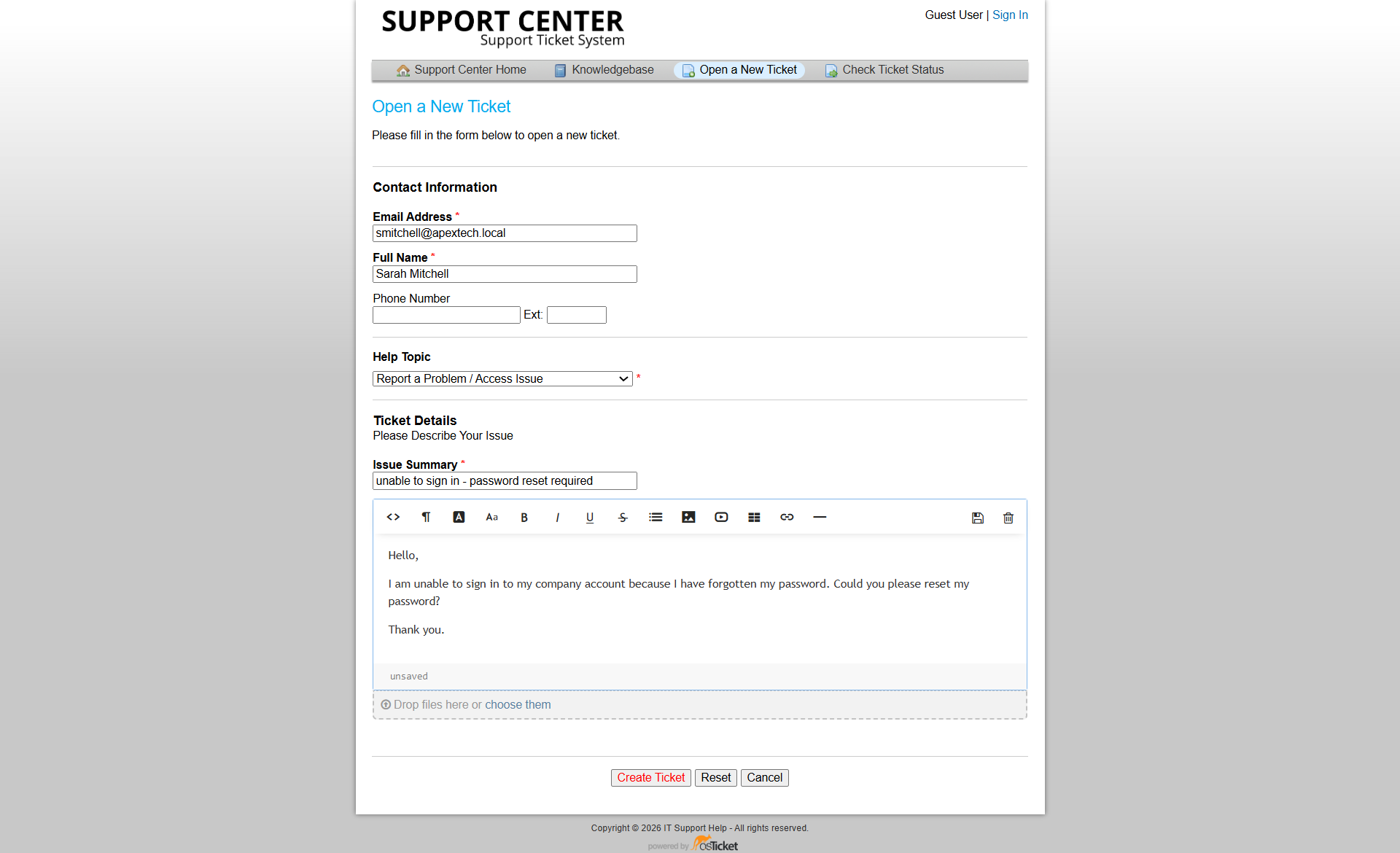 Sarah Mitchell password reset ticket submitted