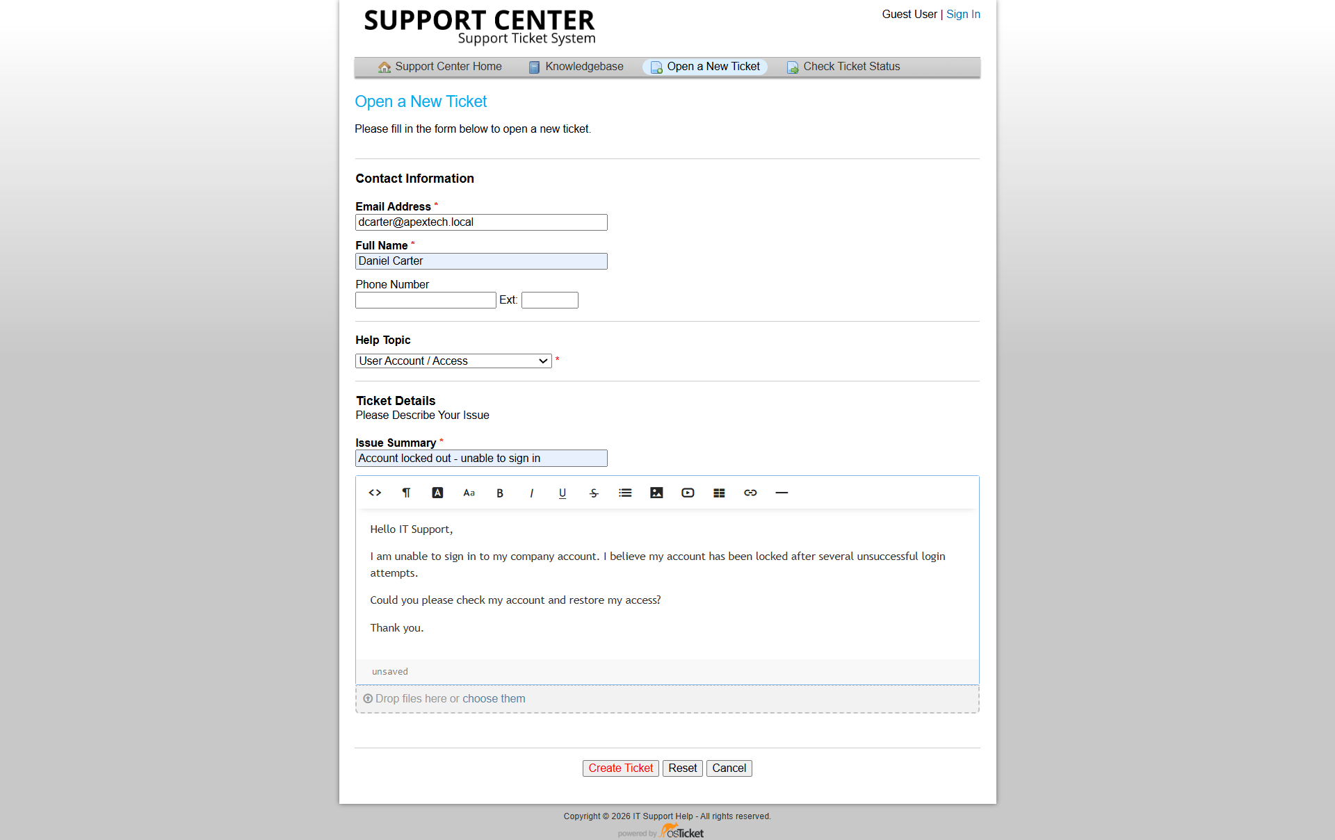 Michael account lockout ticket submitted