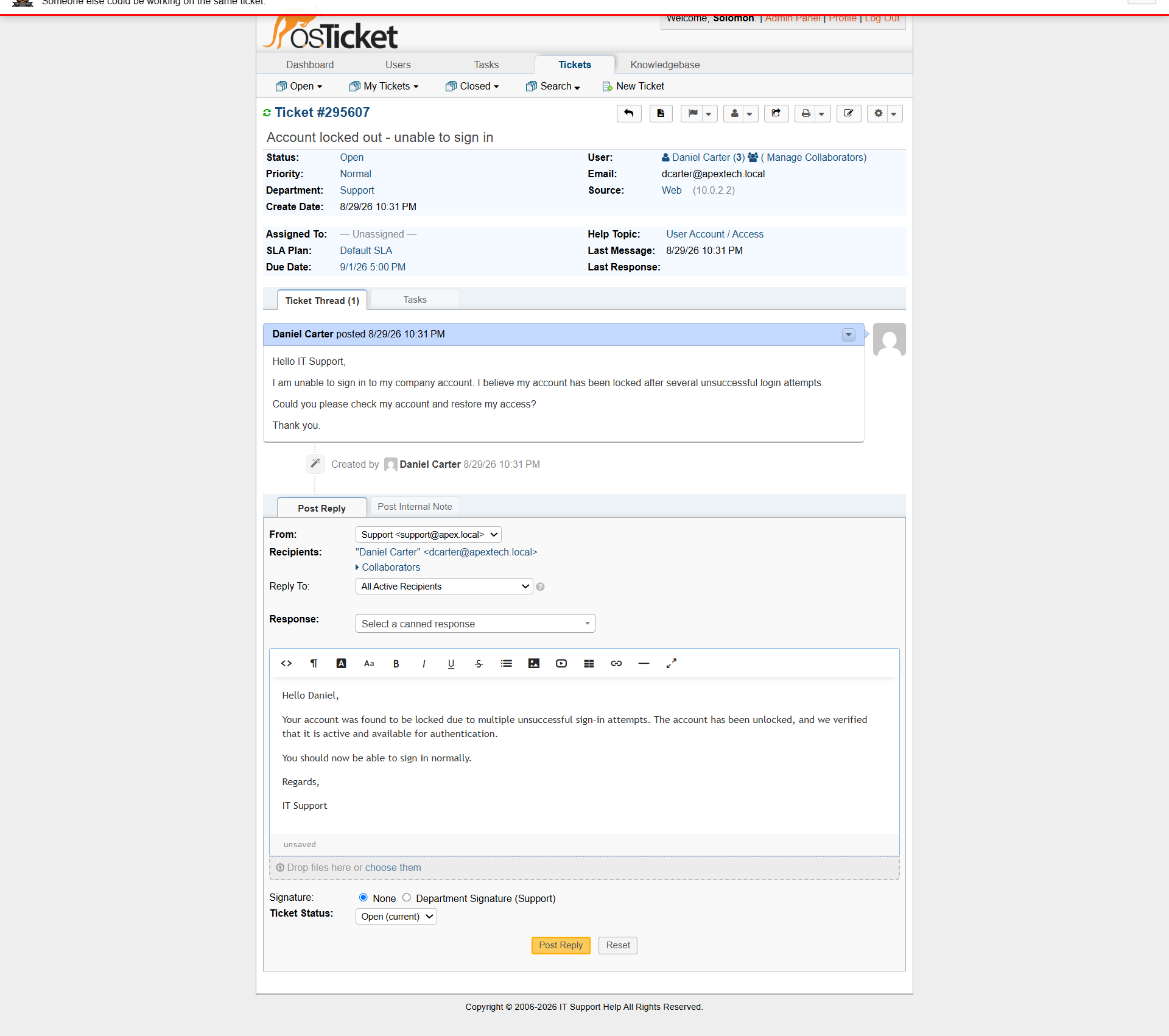 Michael account lockout resolved and closed