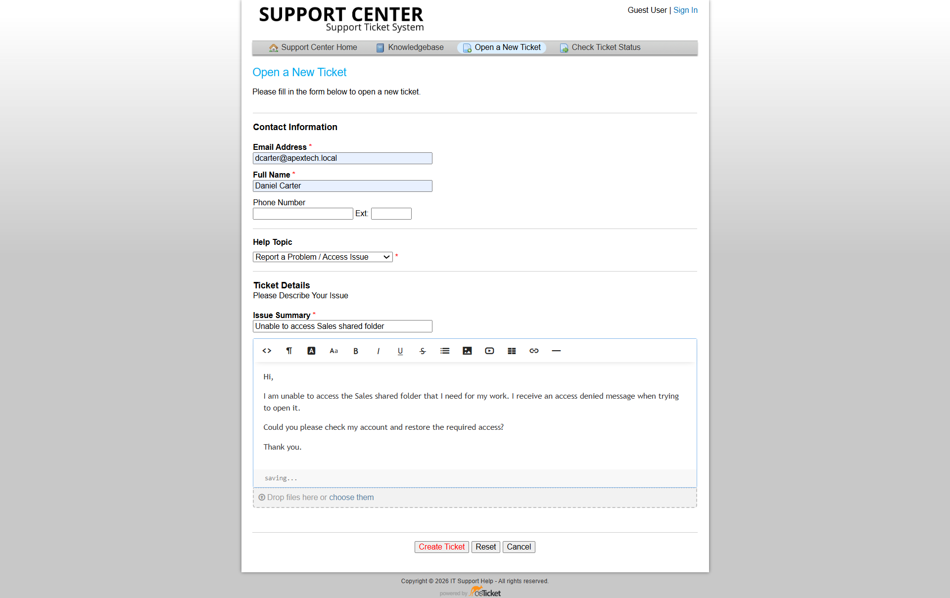 Daniel Carter Sales access ticket submitted