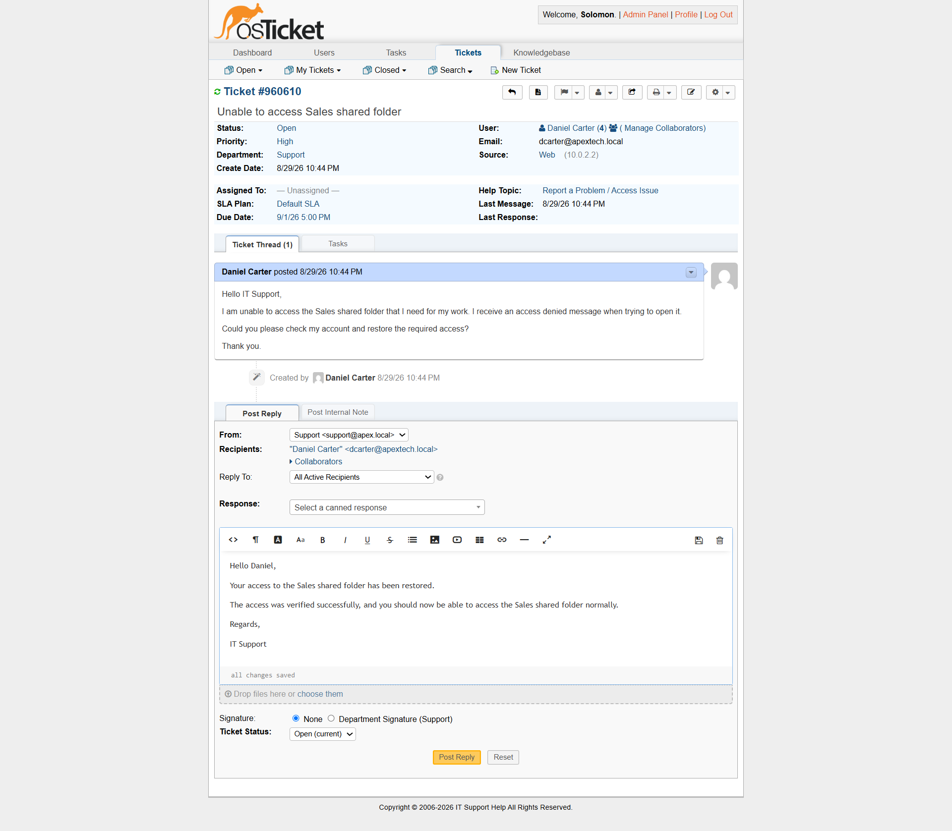 Daniel Carter Sales access resolved and closed"