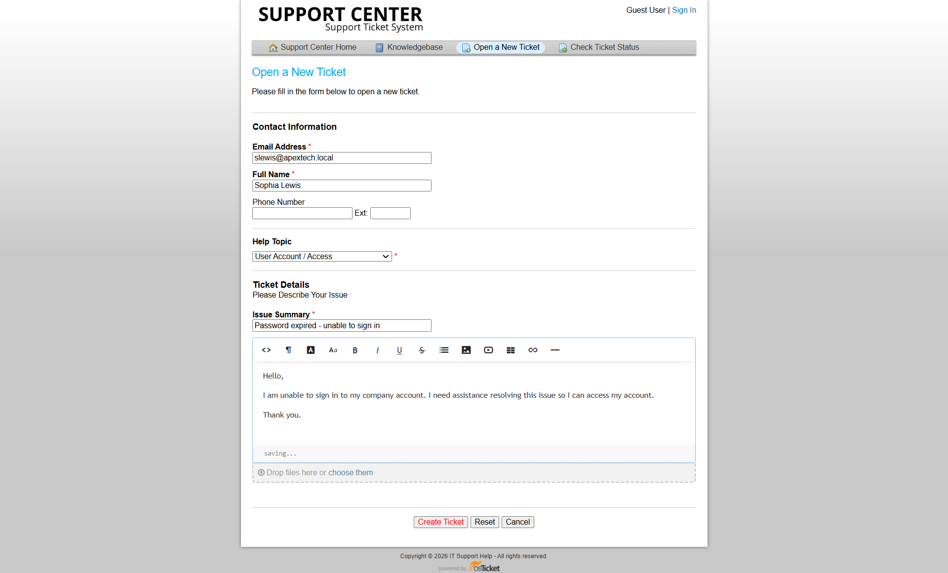 Sophia password expiration ticket submitted