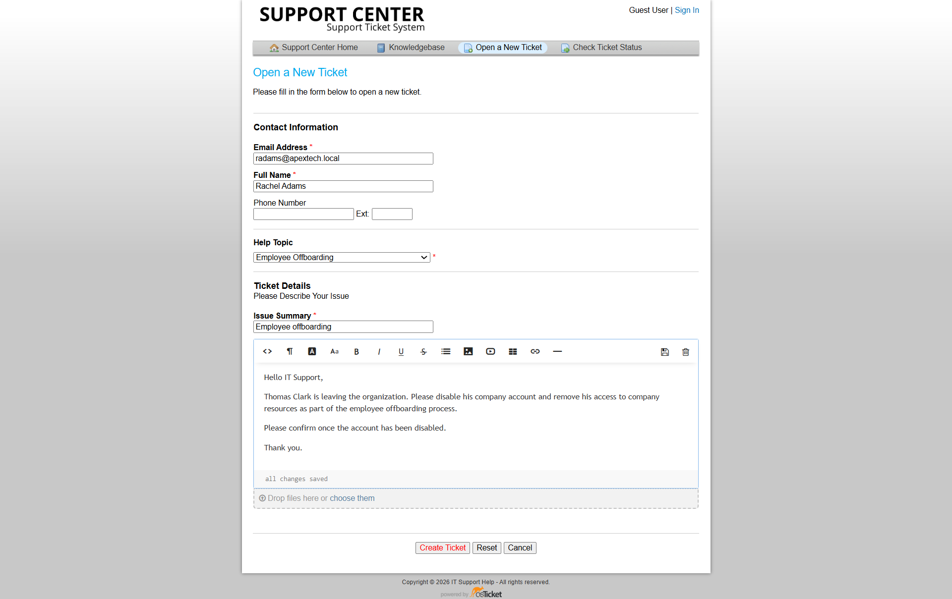 Thomas employee offboarding ticket submitted