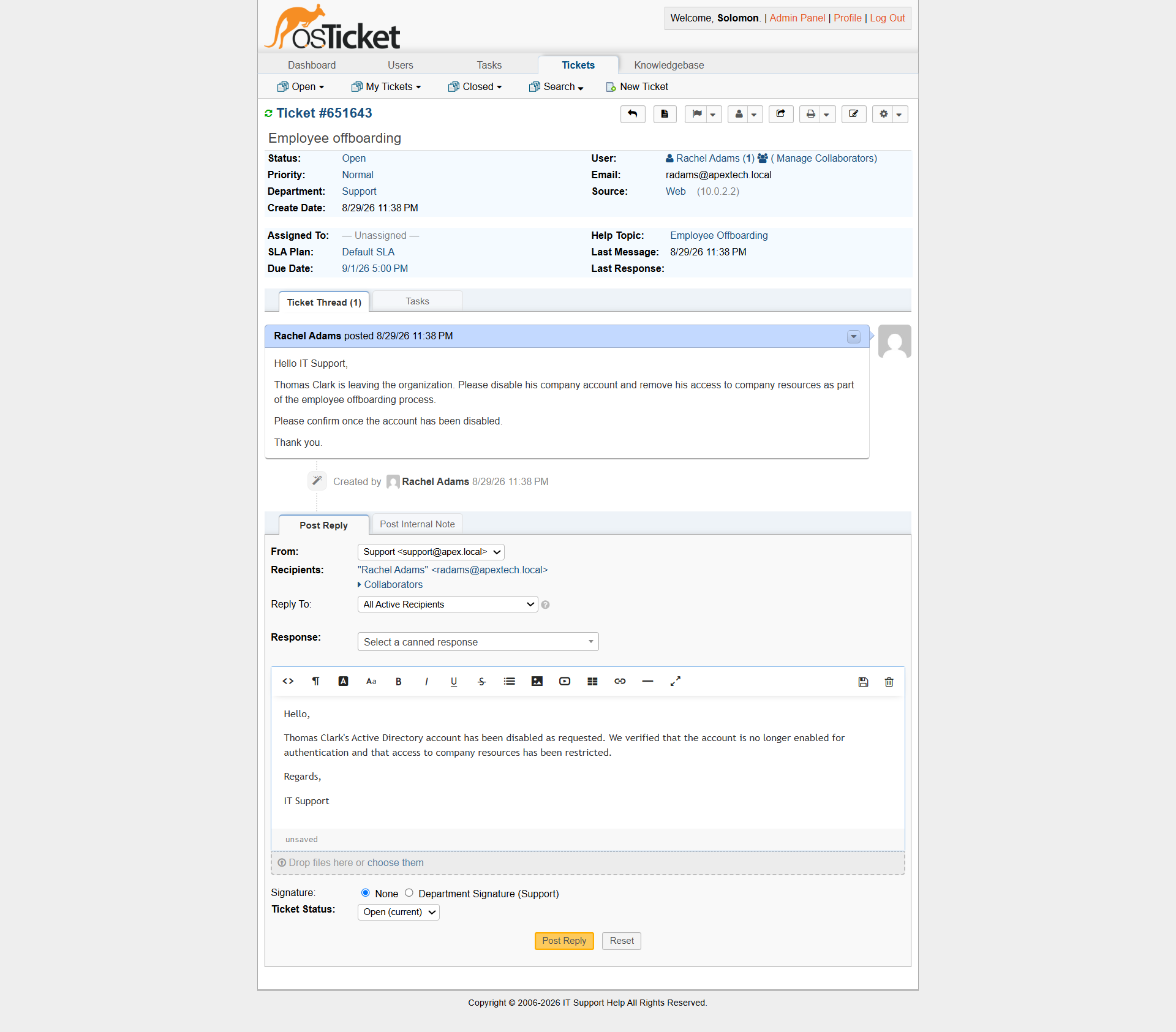 Thomas employee offboarding ticket resolved and closed