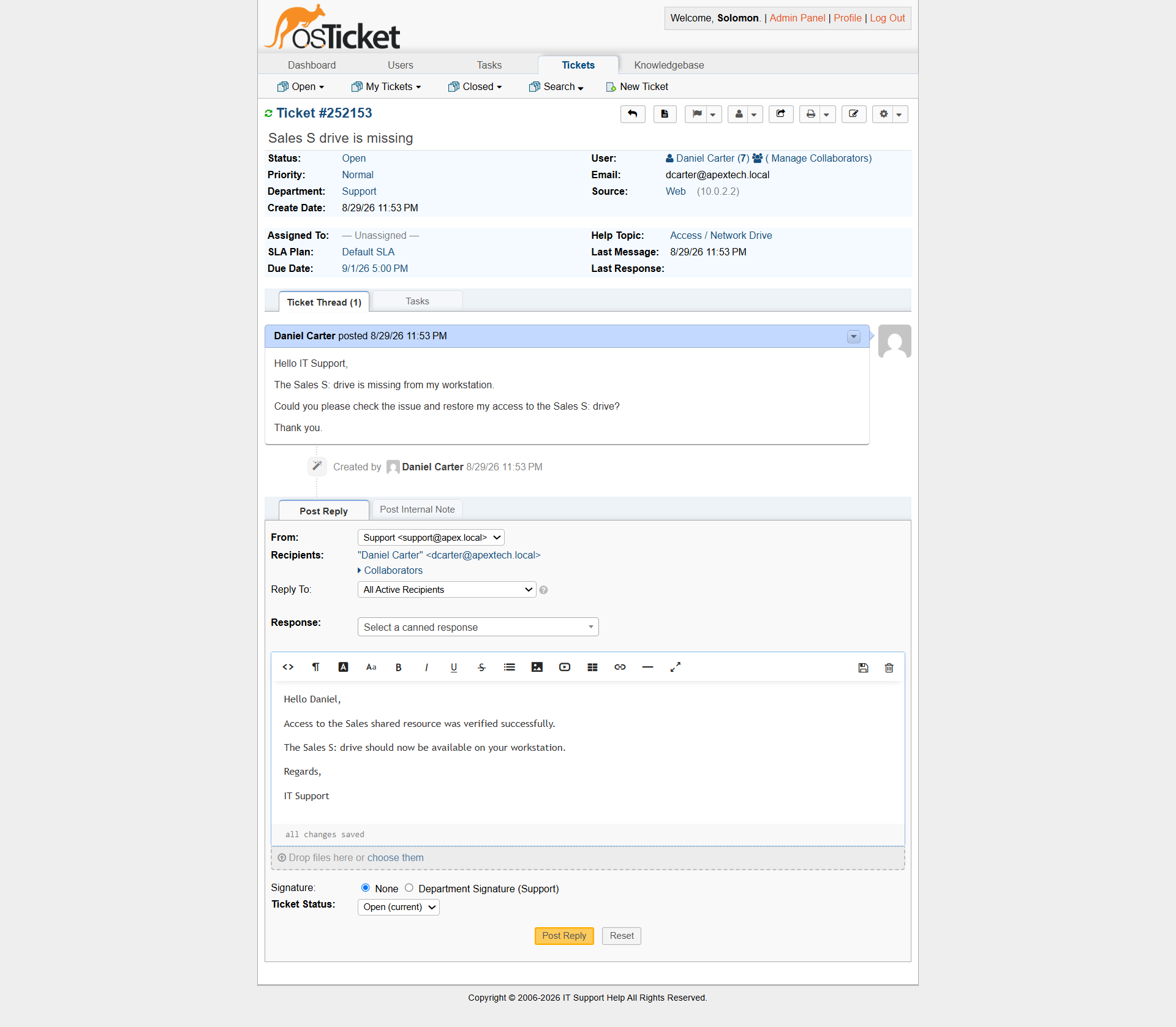 Daniel Carter Sales S Drive resolved and closed
