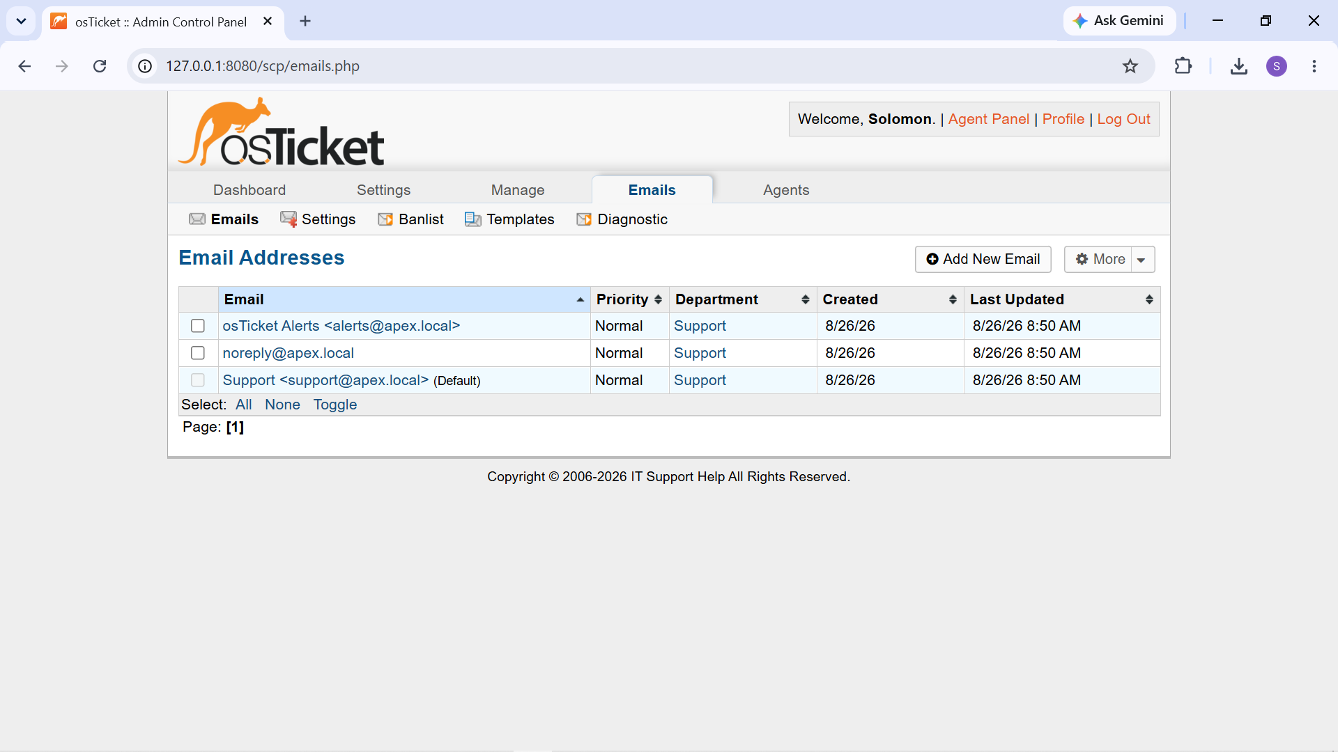 Support email configuration