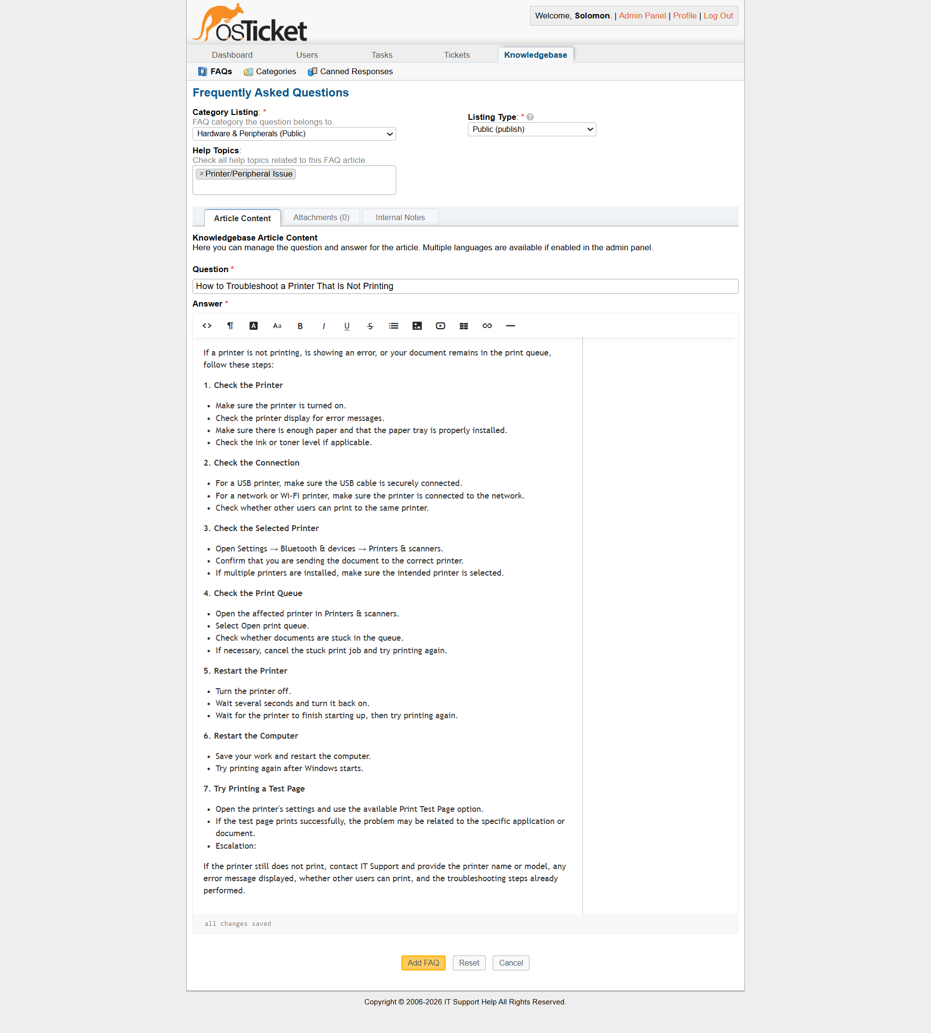 Printer not printing FAQ