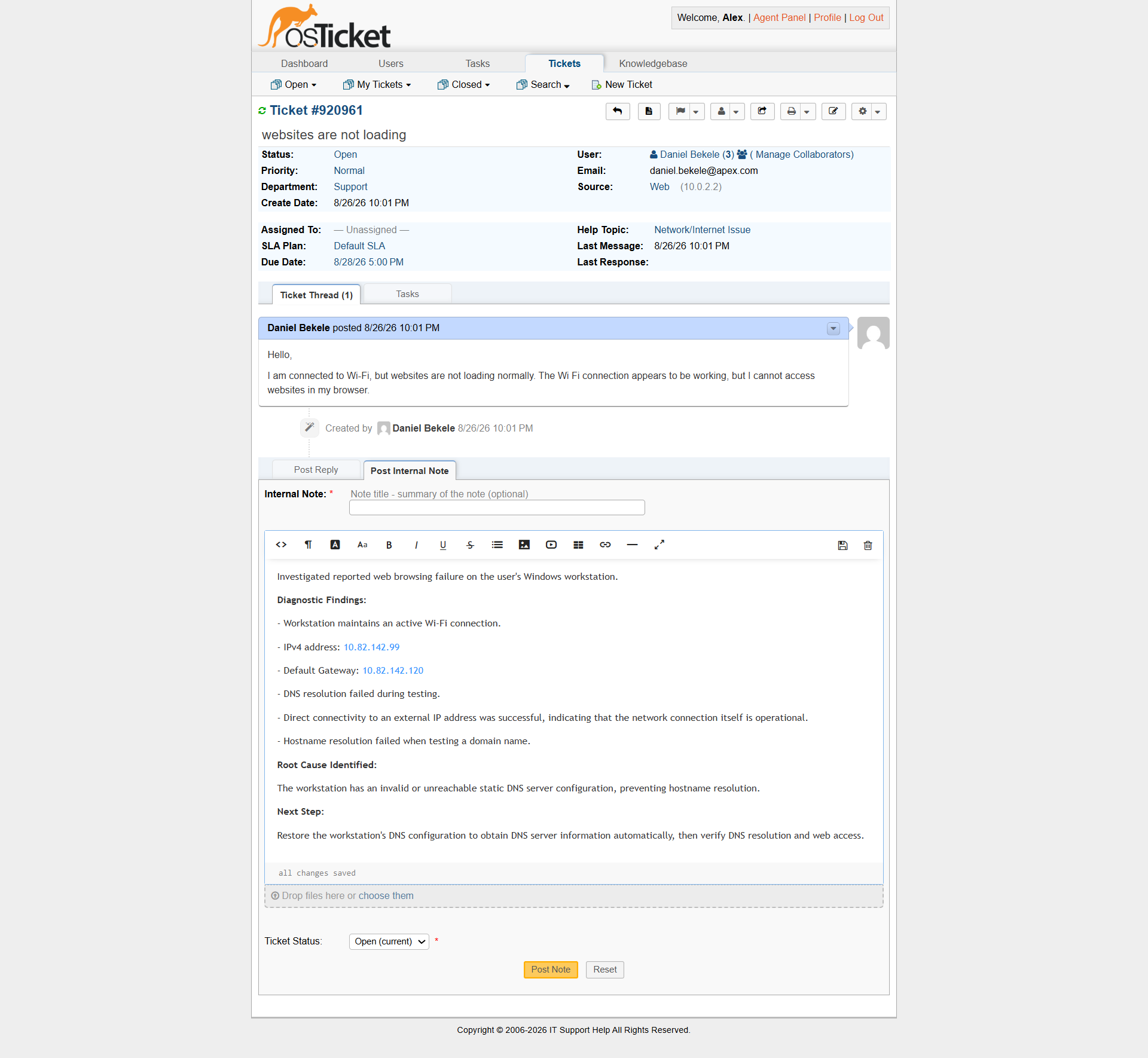 Diagnostic findings recorded in osTicket