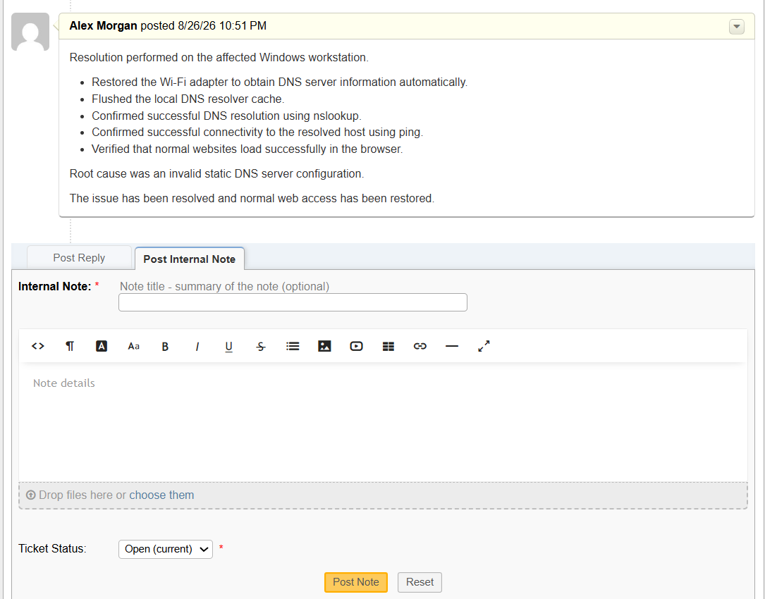 Resolution documented in ticket