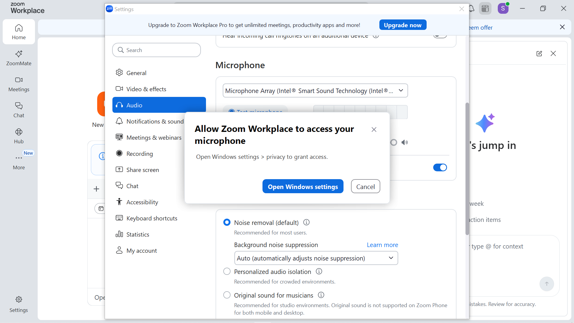 Zoom microphone permission prompt