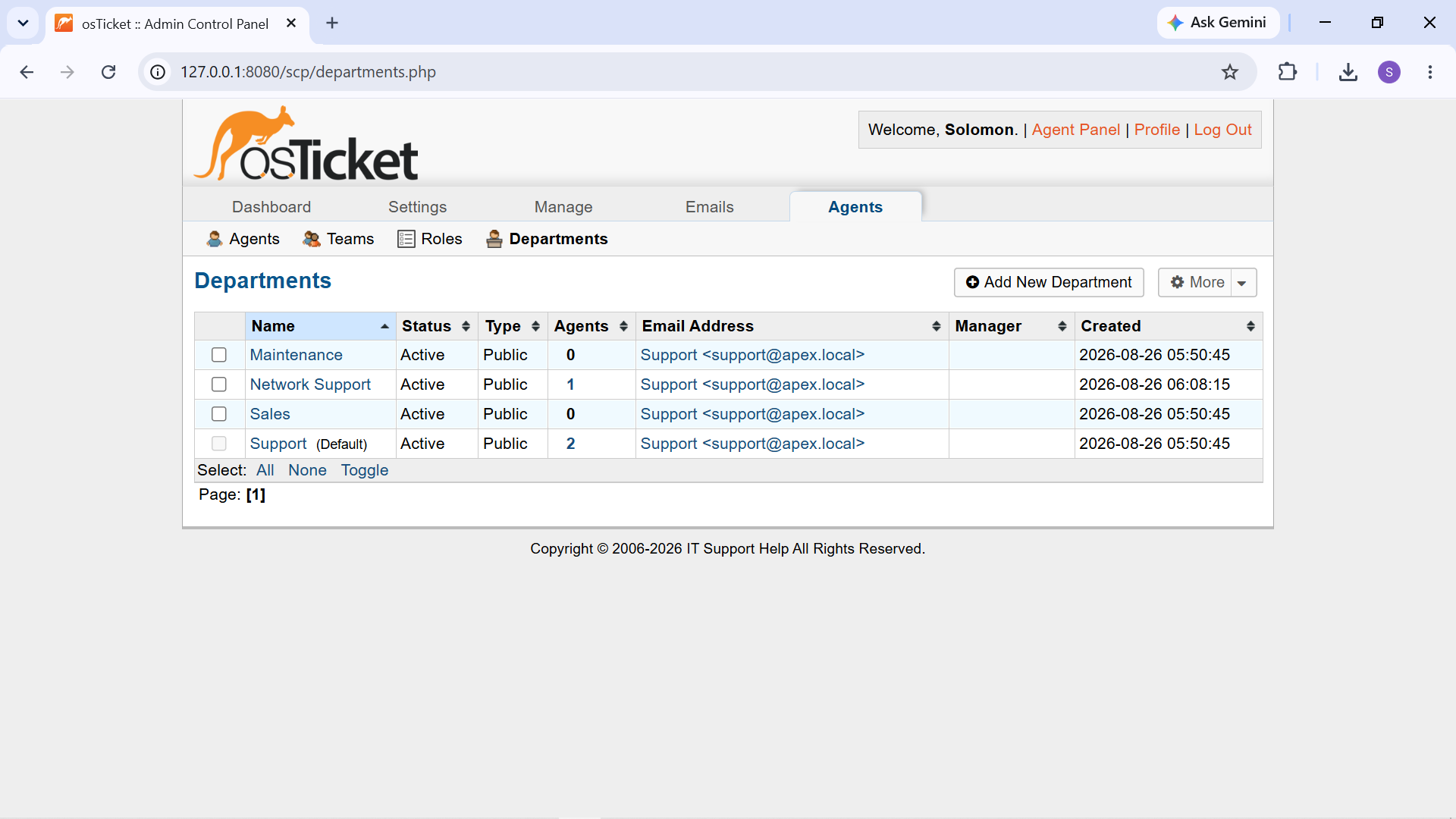 Support department configuration
