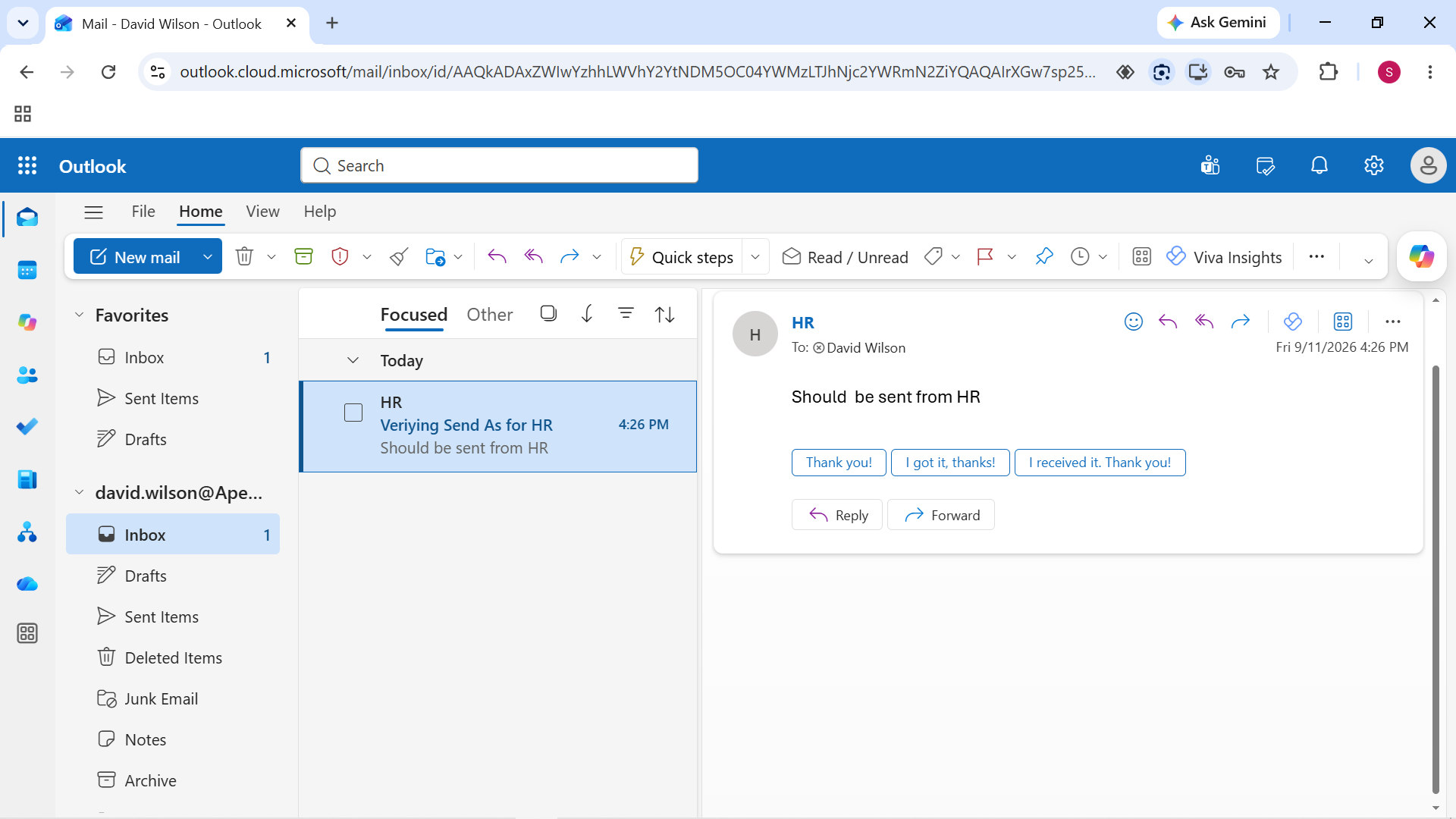 HR Shared Mailbox Send As Test