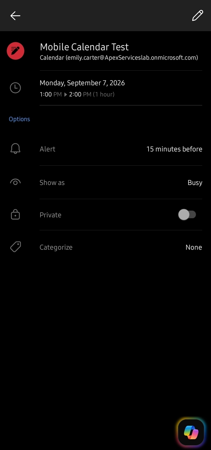 Emily Outlook Mobile Calendar Test