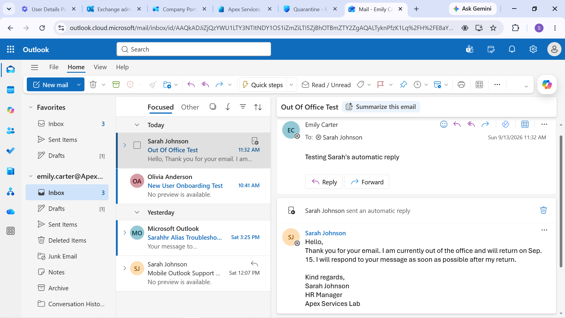 Sarah Out of Office Test